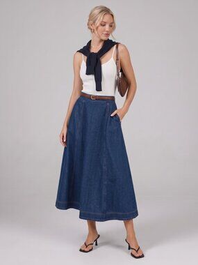 Women's Dark Blue Denim A-Line Maxi Skirt High Waist Casual Chic